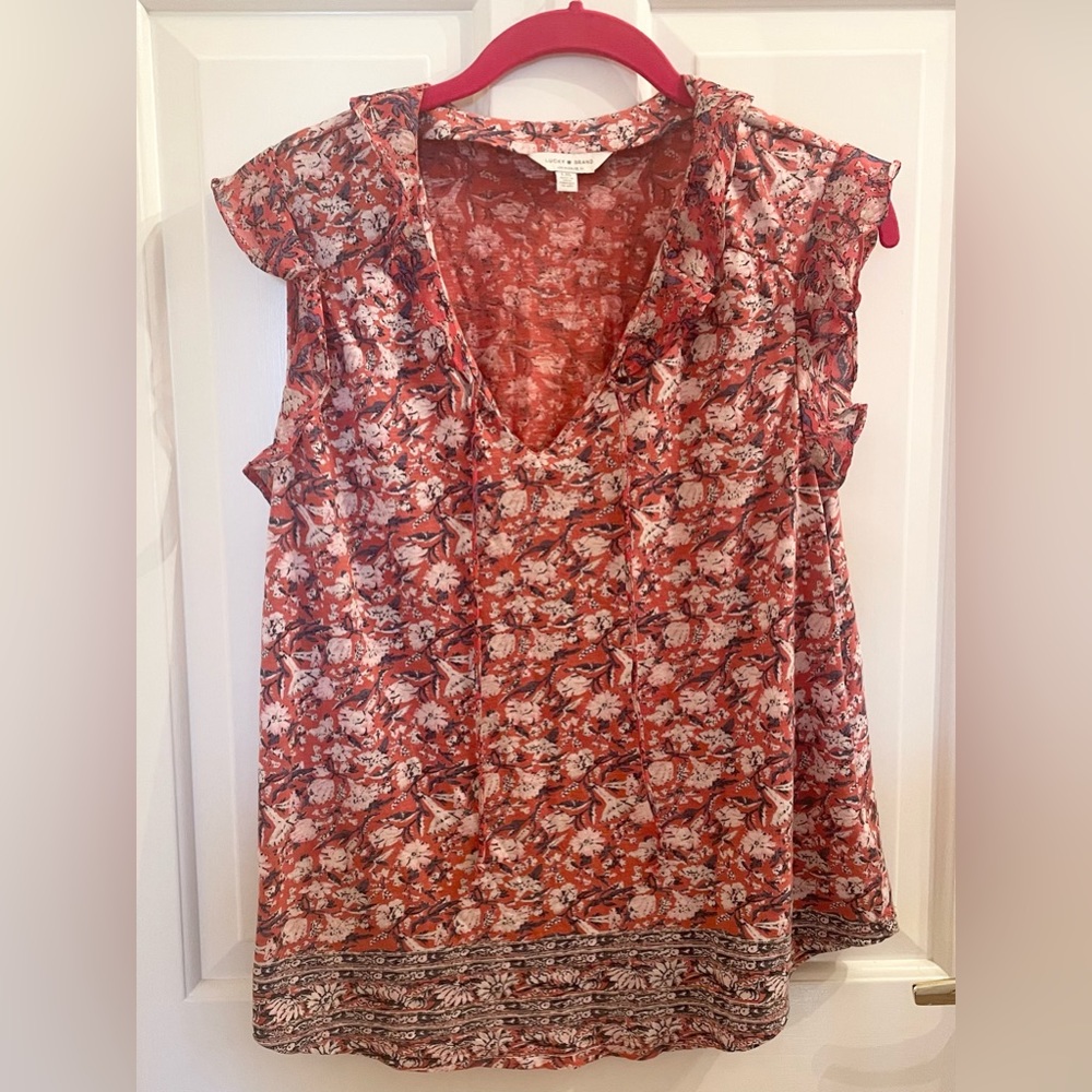 Lucky Brand Ruffle Batik Floral Sleeveless Top